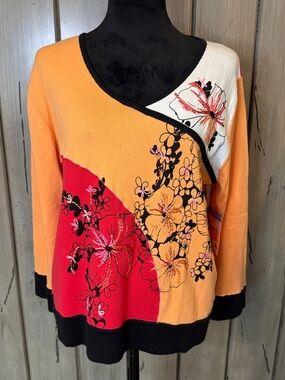 Susan Bristol Orange, Red, Black Floral Sweater Cardigan
